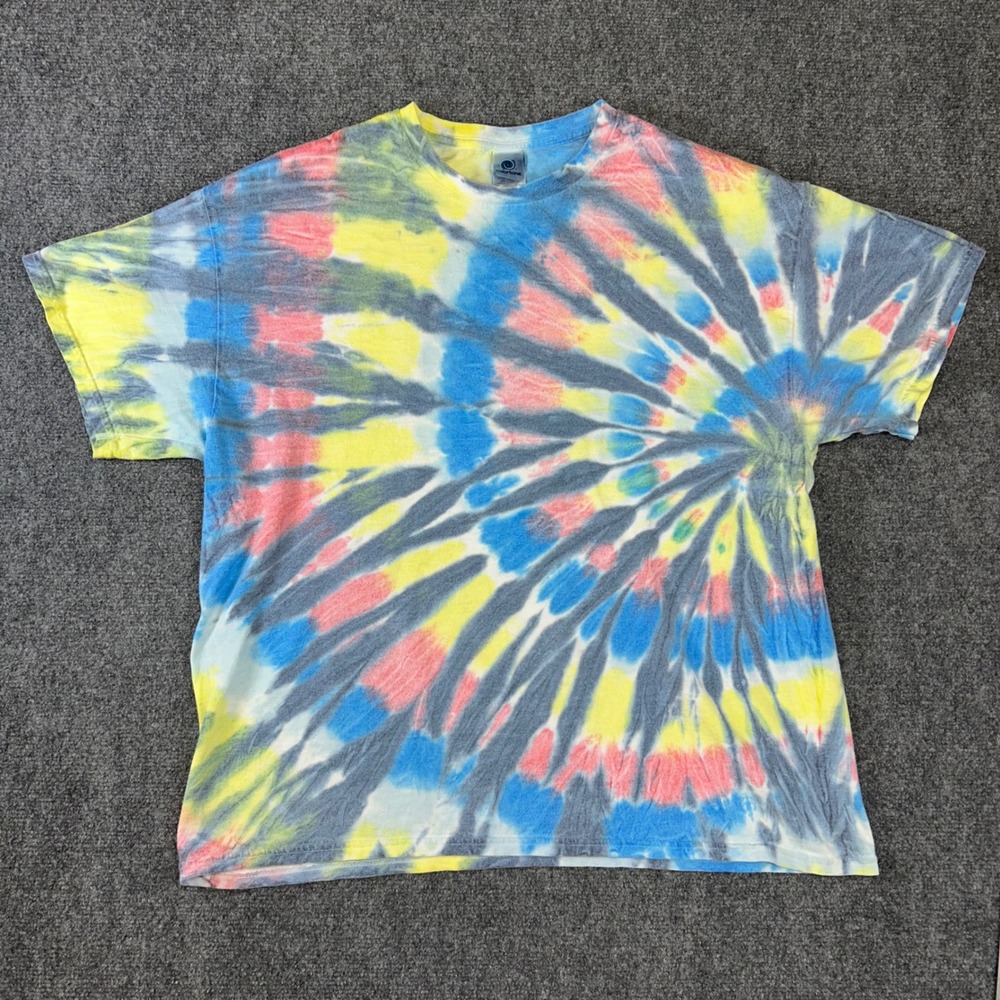 Colortone Tie Dye T-Shirt Mens XL Spiral Multi-Color Blue Yellow Pink Crew Neck